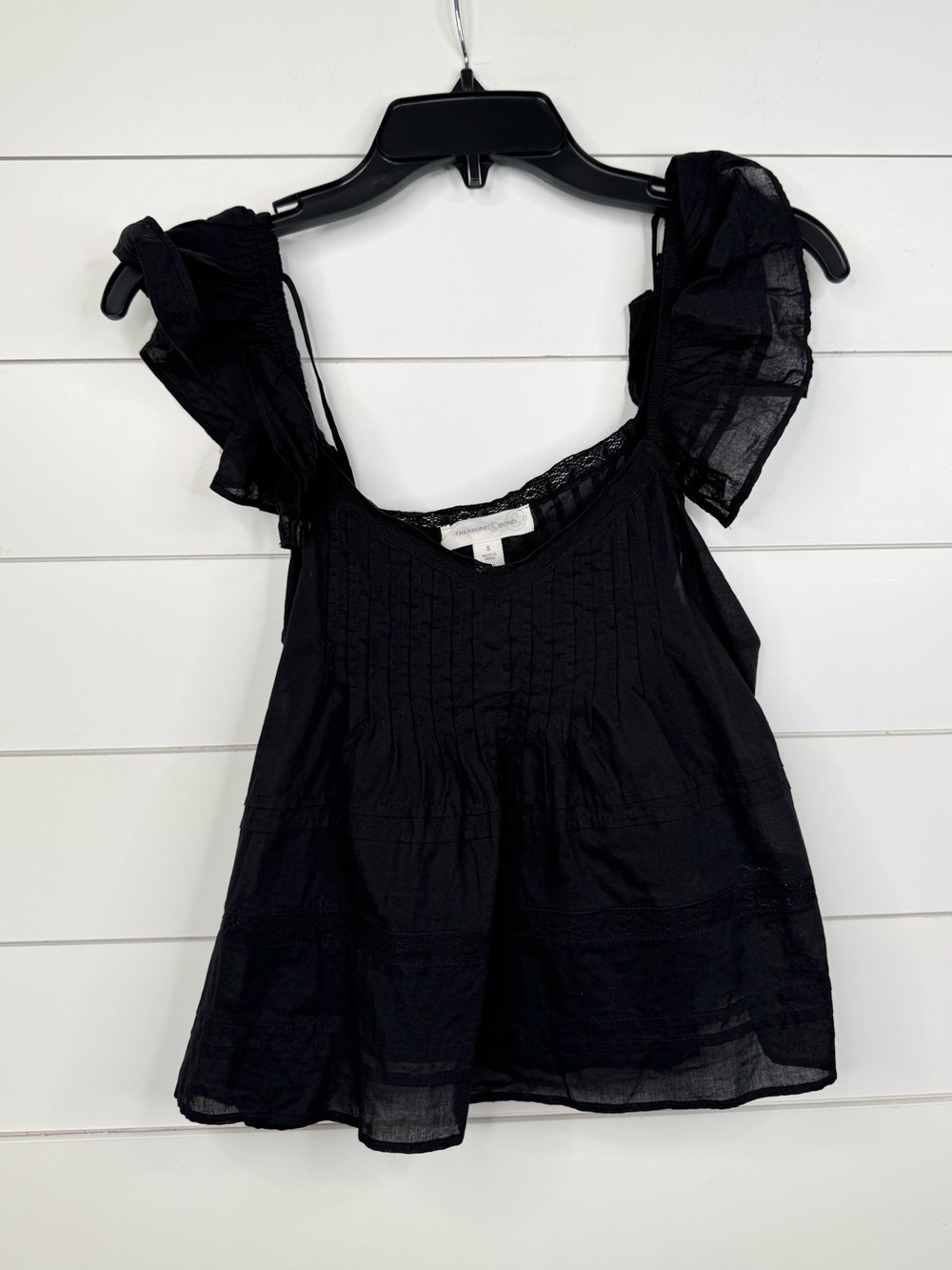 Treasure & Bond Blouse Womens Size S Black Pintuck Lace Trim Tie Back Top